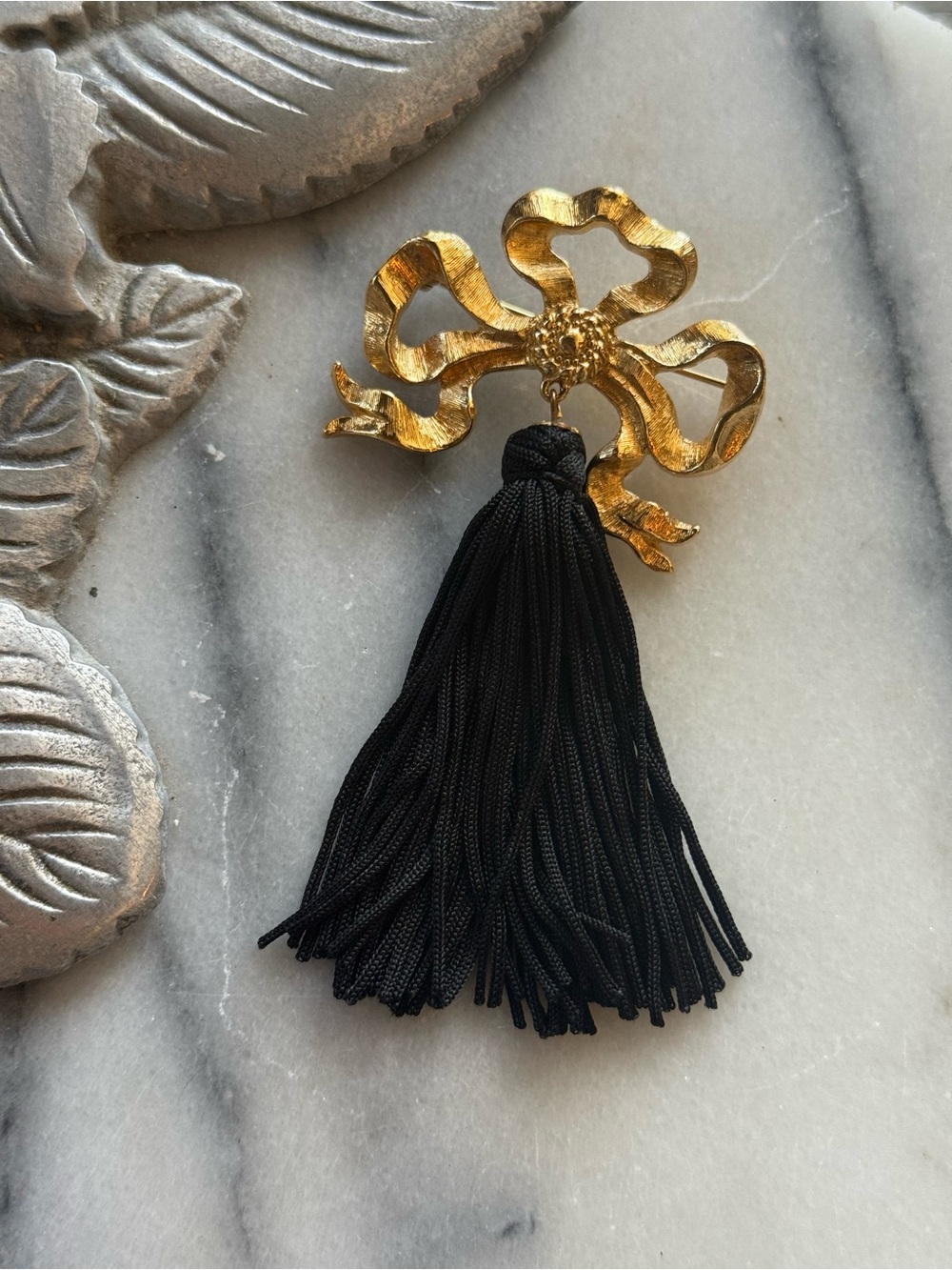 Gold Bow Tassel Brooch with Black Silk Tassel